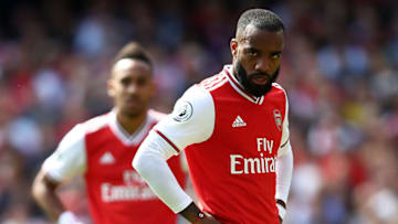 LONDON, ENGLAND - AUGUST 17: Pierre-Emerick Aubameyang and Alexandre Lacazette of Arsenal look on during the Premier League match between Arsenal FC and Burnley FC at Emirates Stadium on August 17, 2019 in London, United Kingdom. (Photo by Julian Finney/Getty Images)