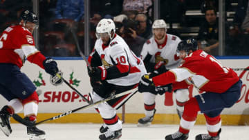 SUNRISE, FL - DECEMBER 16: Anthony Duclair #10 of the Ottawa Senators skates with the puck against Aleksander Barkov #16 and Brett Connolly #10 of the Florida Panthers at the BB&T Center on December 16, 2019 in Sunrise, Florida. (Photo by Eliot J. Schechter/NHLI via Getty Images)