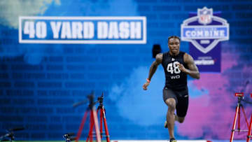 INDIANAPOLIS, IN - FEBRUARY 27: Wide receiver Henry Ruggs III of Alabama runs the 40-yard dash during the NFL Scouting Combine at Lucas Oil Stadium on February 27, 2020 in Indianapolis, Indiana. (Photo by Joe Robbins/Getty Images)