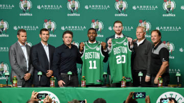 BOSTON, MA - SEPTEMBER 1: Kyrie Irving and Gordon Hayward get introduced as Boston Celtics on September 1, 2017 at the TD Garden in Boston, Massachusetts. NOTE TO USER: User expressly acknowledges and agrees that, by downloading and or using this photograph, User is consenting to the terms and conditions of the Getty Images License Agreement. Mandatory Copyright Notice: Copyright 2017 NBAE (Photo by Brian Babineau/NBAE via Getty Images)