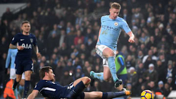 MANCHESTER, ENGLAND - DECEMBER 16: Jan Vertonghen of Tottenham Hotspur fouls Kevin De Bruyne of Manchester City (Photo by Laurence Griffiths/Getty Images)