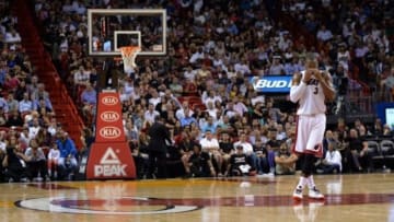 Nov 4, 2014; Miami, FL, USA; Miami Heat guard Dwyane Wade (3) takes a breather during the second half against the Houston Rockets at American Airlines Arena. The Rockets won 108-91. Mandatory Credit: Steve Mitchell-USA TODAY Sports