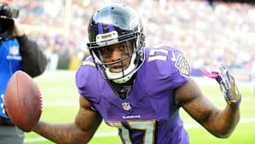 Nov 6, 2016; Baltimore, MD, USA; Baltimore Ravens wide receiver Mike Wallace (17) reacts after scoring a touchdown in the first quarter against the Pittsburgh Steelers at M&T Bank Stadium. Mandatory Credit: Evan Habeeb-USA TODAY Sports