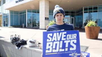 Jan 12, 2016; Houston, TX, USA; San Diego Chargers fan Richard Farley holds a sign supporting his team while owners meet at the 2016 NFL Owners meeting at the Westin Houston. Mandatory Credit: Thomas B. Shea-USA TODAY Sports