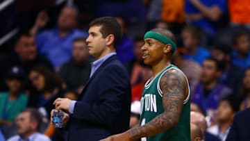 Feb 23, 2015; Phoenix, AZ, USA; Boston Celtics guard Isaiah Thomas (4) and head coach Brad Stevens against the Phoenix Suns at US Airways Center. The Celtics defeats the Suns 115-110. Mandatory Credit: Mark J. Rebilas-USA TODAY Sports