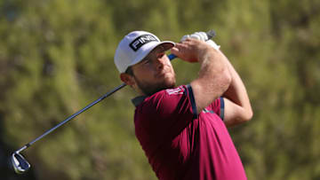 LAS VEGAS, NEVADA - OCTOBER 15: Tyrrell Hatton of England plays his shot from the 13th tee during the first round of The CJ Cup @ Shadow Creek on October 15, 2020 in Las Vegas, Nevada. (Photo by Christian Petersen/Getty Images)