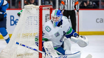 WINNIPEG, MB - JANUARY 14: Goaltender Jacob Markstrom #25 of the Vancouver Canucks keeps an eye on the play during second period action against the Winnipeg Jets at the Bell MTS Place on January 14, 2020 in Winnipeg, Manitoba, Canada. (Photo by Jonathan Kozub/NHLI via Getty Images)