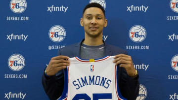 Jun 24, 2016; Philadelphia, PA, USA; Philadelphia 76ers number one overall draft pick Ben Simmons during an introduction press conference at the Philadelphia College of Osteopathic Medicine. Mandatory Credit: Bill Streicher-USA TODAY Sports
