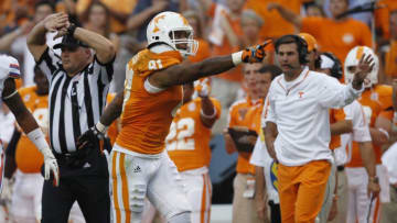 KNOXVILLE, TN - SEPTEMBER 15: Mychal Rivera #81 of the Tennessee Volunteers against the Florida Gators at Neyland Stadium on September 15, 2012 in Knoxville, Tennessee. (Photo by John Sommers II/Getty Images)
