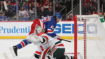 Mika Zibanejad #93 of the New York Rangers scores his hat-trick goal at 15:24 of the third period (Photo by Bruce Bennett/Getty Images)