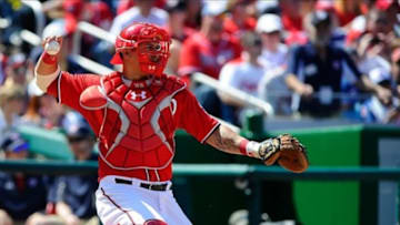Apr 13, 2013; Washington, DC, USA; Washington Nationals catcher Wilson Ramos (40) throws the ball during the game against the Atlanta Braves at Nationals Park. Mandatory Credit: Brad Mills-USA TODAY Sports