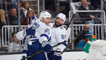 SAN JOSE, CA - NOVEMBER 08: Nikita Kucherov #86 of the Tampa Bay Lightning celebrates with teammate Steven Stamkos #91 after scoring a goal against the San Jose Sharks at SAP Center on November 8, 2017 in San Jose, California. (Photo by Rocky W. Widner/NHL/Getty Images)