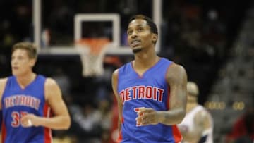 Oct 18, 2014; Atlanta, GA, USA; Detroit Pistons guard Brandon Jennings (7) shows emotion against the Atlanta Hawks in the third quarter at Philips Arena. Mandatory Credit: Brett Davis-USA TODAY Sports