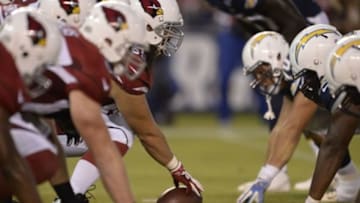 Aug 28, 2014; San Diego, CA, USA; The Arizona Cardinals and San Diego Chargers line up during second quarter action at Qualcomm Stadium. Mandatory Credit: Robert Hanashiro-USA TODAY Sports