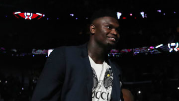 NEW ORLEANS, LOUISIANA - OCTOBER 25: Zion Williamson #1 of the New Orleans Pelicans walks on the court during introductions prior to the game against the Dallas Mavericks at Smoothie King Center on October 25, 2019 in New Orleans, Louisiana. NOTE TO USER: User expressly acknowledges and agrees that, by downloading and or using this photograph, User is consenting to the terms and conditions of the Getty Images License Agreement. (Photo by Chris Graythen/Getty Images)