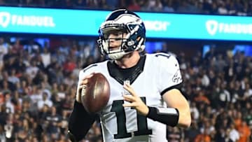 Sep 19, 2016; Chicago, IL, USA; Philadelphia Eagles quarterback Carson Wentz (11) prepares to throw the ball against the Chicago Bears during the first quarter at Soldier Field. Mandatory Credit: Mike DiNovo-USA TODAY Sports