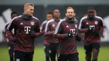 Bayern Munich players training ahead of the Champions League game against Paris Saint-Germain on Tuesday. (Photo by Adam Pretty/Getty Images)