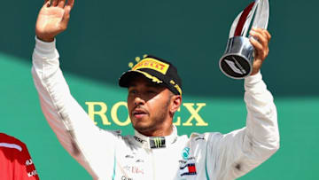 NORTHAMPTON, ENGLAND - JULY 08: Second place finisher Lewis Hamilton of Great Britain and Mercedes GP (Photo by Mark Thompson/Getty Images)