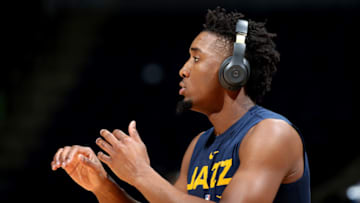 MINNEAPOLIS, MN - OCTOBER 31: Donovan Mitchell #45 of the Utah Jazz is seen wearing Beats by Dre headphones during warms up before the game against the Minnesota Timberwolves on October 31, 2018 at Target Center in Minneapolis, Minnesota. NOTE TO USER: User expressly acknowledges and agrees that, by downloading and or using this Photograph, user is consenting to the terms and conditions of the Getty Images License Agreement. Mandatory Copyright Notice: Copyright 2018 NBAE (Photo by David Sherman/NBAE via Getty Images)