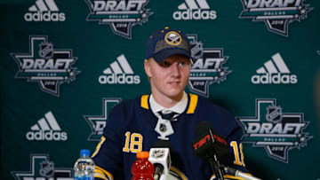 DALLAS, TX - JUNE 22: Rasmus Dahlin answers questions from the media after being selected first overall by the Buffalo Sabres during the first round of the 2018 NHL Draft at American Airlines Center on June 22, 2018 in Dallas, Texas. (Photo by Ron Jenkins/Getty Images)