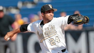 May 26, 2016: Vanderbilt Commodores pitcher Jordan Sheffield (24) pitches during the Ole Miss versus Vanderbilt Third Round game of the SEC Baseball Tournament at Hoover Metropolitan Stadium, Hoover, AL. (Photo by: Bobby McDuffie/Icon Sportswire via Getty Images).