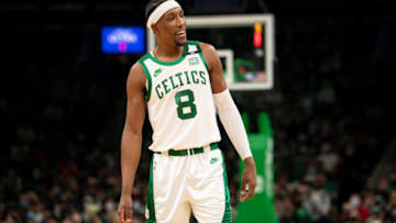 BOSTON, MASSACHUSETTS - JANUARY 08: Josh Richardson #8 of the Boston Celtics reacts during the first half of a game against the New York Knicks at TD Garden on January 08, 2022 in Boston, Massachusetts. NOTE TO USER: User expressly acknowledges and agrees that, by downloading and or using this photograph, User is consenting to the terms and conditions of the Getty Images License Agreement. (Photo by Maddie Malhotra/Getty Images)