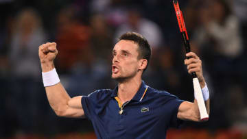 DUBAI, UNITED ARAB EMIRATES - MARCH 02: Roberto Bautista Agut of Spain celebrates winning his semi final match against Malek Jaziri of Tunisia on day five of the ATP Dubai Duty Free Tennis Championships at the Dubai Duty Free Stadium on March 2, 2018 in Dubai, United Arab Emirates (Photo by Tom Dulat/Getty Images)
