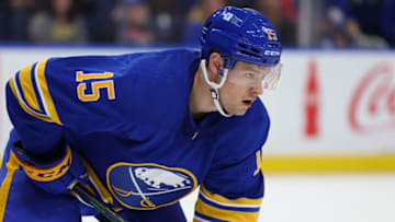 Sep 26, 2023; Buffalo, New York, USA; Buffalo Sabres left wing Brandon Biro (15) waits for the fan off during the third period against the Boston Bruins at KeyBank Center. Mandatory Credit: Timothy T. Ludwig-USA TODAY Sports