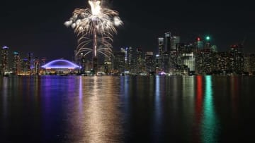 Jul 26, 2015; Toronto, Ontario, CAN; Fireworks shoot out of the CN Tower during the closing ceremony for the 2015 Pan Am Games. Mandatory Credit: Tom Szczerbowski-USA TODAY Sports