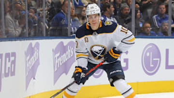 TORONTO, ON - NOVEMBER 30: Henri Jokiharju #10 of the Buffalo Sabres skates with the puck against the Toronto Maple Leafs during an NHL game at Scotiabank Arena on November 30, 2019 in Toronto, Ontario, Canada. The Maple Leafs defeated the Sabres 2-1 in overtime. (Photo by Claus Andersen/Getty Images)