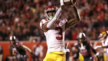 Oct 15, 2022; Salt Lake City, Utah, USA; USC Trojans wide receiver Jordan Addison (3) catches a pass against the Utah Utes in the second half at Rice-Eccles Stadium. Mandatory Credit: Rob Gray-USA TODAY Sports