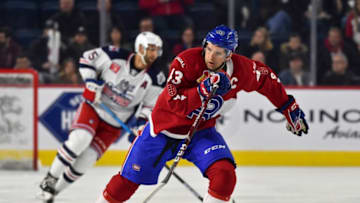 LAVAL, QC - OCTOBER 30: Xavier Ouellet #43 of the Laval Rocket skates against the Hartford Wolf Pack at Place Bell on October 30, 2019 in Laval, Canada. The Laval Rocket defeated the Hartford Wolf Pack 4-1. (Photo by Minas Panagiotakis/Getty Images)
