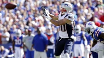 Sep 8, 2013; Orchard Park, NY, USA; New England Patriots wide receiver Danny Amendola (80) catches a pass against the Buffalo Bills during the second half at Ralph Wilson Stadium. Patriots beat the Bills 23-21. Mandatory Credit: Kevin Hoffman-USA TODAY Sports