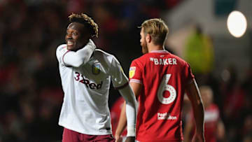 BRISTOL, ENGLAND - SEPTEMBER 28: Tammy Abraham of Aston Villa appeals to the referee after tussling with Nathan Baker of Bristol City during the Sky Bet Championship match between Bristol City and Aston Villa at Ashton Gate on September 28, 2018 in Bristol, England. (Photo by Dan Mullan/Getty Images)