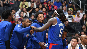 LOS ANGELES, CA - MARCH 31: Sindarius Thornwell #0, Jerome Robinson #10, and Montrezl Harrell #5 of the LA Clippers react to a play during the game against the Memphis Grizzlies on March 31, 2019 at STAPLES Center in Los Angeles, California. NOTE TO USER: User expressly acknowledges and agrees that, by downloading and/or using this photograph, user is consenting to the terms and conditions of the Getty Images License Agreement. Mandatory Copyright Notice: Copyright 2019 NBAE (Photo by Andrew D. Bernstein/NBAE via Getty Images)