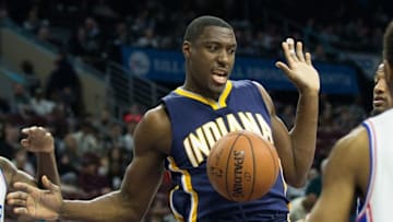 Apr 2, 2016; Philadelphia, PA, USA; Indiana Pacers center Ian Mahinmi (28) reacts after dunking against the Philadelphia 76ers during the first quarter at Wells Fargo Center. Mandatory Credit: Bill Streicher-USA TODAY Sports
