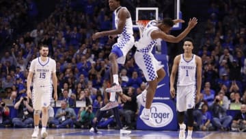Nov 25, 2016; Lexington, KY, USA; Kentucky Wildcats guard Malik Monk (5) and guard De'Aaron Fox (0) celebrate during the game against the Tennessee-Martin Skyhawks in the second half at Rupp Arena. Kentucky defeated Tennessee-Martin 111-76. Mandatory Credit: Mark Zerof-USA TODAY Sports