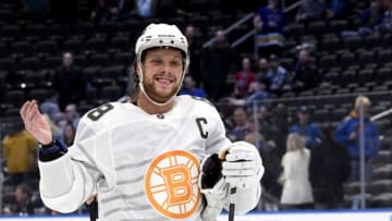 ST LOUIS, MISSOURI - JANUARY 25: David Pastrnak #88 of the Boston Bruins acknowledges the fans after the 2020 NHL All-Star Game between the Atlantic Division and Pacific Division at the Enterprise Center on January 25, 2020 in St Louis, Missouri. (Photo by Scott Rovak/NHLI via Getty Images)