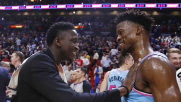 Victor Oladipo #4 of the Indiana Pacers greets Jimmy Butler #22 of the Miami Heat after the game. (Photo by Michael Reaves/Getty Images)