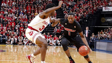 Dec 31, 2016; Indianapolis, IN, USA; Louisville Cardinals guard Tony Hicks (1) drives to the basket against Indiana Hoosiers forward OG Anunoby (3) at Bankers Life Fieldhouse. Mandatory Credit: Brian Spurlock-USA TODAY Sports