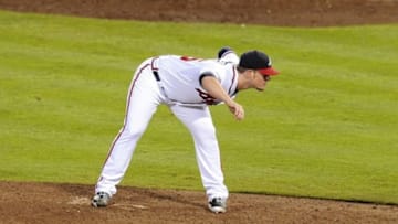 Oct 4, 2013; Atlanta, GA, USA; Atlanta Braves relief pitcher Craig Kimbrel (46) throws against the Los Angeles Dodgers during the ninth inning of game two of the National League divisional series playoff baseball game at Turner Field. The Braves won 4-3. Mandatory Credit: Dale Zanine-USA TODAY Sports