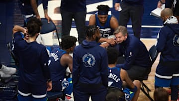 MINNEAPOLIS, MINNESOTA - APRIL 26: Head coach Chris Finch of the Minnesota Timberwolves speaks to his players during a timeout in the fourth quarter of the game against the Utah Jazz at Target Center on April 26, 2021 in Minneapolis, Minnesota. The Timberwolves defeated the Jazz 105-104. NOTE TO USER: User expressly acknowledges and agrees that, by downloading and or using this Photograph, user is consenting to the terms and conditions of the Getty Images License Agreement (Photo by Hannah Foslien/Getty Images)