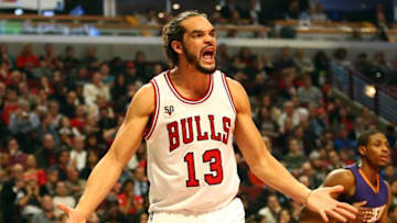 Dec 7, 2015; Chicago, IL, USA; Chicago Bulls center Joakim Noah (13) reacts during the second half against the Phoenix Suns at United Center. Mandatory Credit: Caylor Arnold-USA TODAY Sports