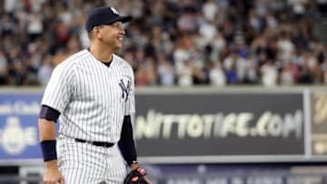 Aug 12, 2016; Bronx, NY, USA; New York Yankees designated hitter Alex Rodriguez (13) takes the field to play third base during the ninth inning against the Tampa Bay Rays at Yankee Stadium. New York Yankees won 6-3. Mandatory Credit: Anthony Gruppuso-USA TODAY Sports