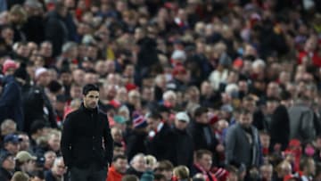 LIVERPOOL, ENGLAND - NOVEMBER 20: Mikel Arteta, Manager of Arsenal looks on during the Premier League match between Liverpool and Arsenal at Anfield on November 20, 2021 in Liverpool, England. (Photo by Clive Brunskill/Getty Images)