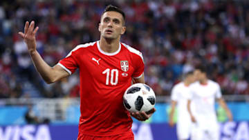 KALININGRAD, RUSSIA - JUNE 22: Dusan Tadic of Serbia reacts during the 2018 FIFA World Cup Russia group E match between Serbia and Switzerland at Kaliningrad Stadium on June 22, 2018 in Kaliningrad, Russia. (Photo by Ryan Pierse/Getty Images)
