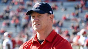 LINCOLN, NE - OCTOBER 26: Head coach Scott Frost of the Nebraska Cornhuskers watches his team warm up before the game against the Indiana Hoosiers at Memorial Stadium on October 26, 2019 in Lincoln, Nebraska. (Photo by Steven Branscombe/Getty Images)