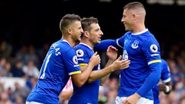 LIVERPOOL, ENGLAND - AUGUST 27: Leighton Baines (C) celebrates his goal with Ross Barkley (R) and Kevin Mirallas (L) during the Premier League match between Everton and Stoke City at Goodison Park on August 27, 2016 in Liverpool, England. (Photo by Tony McArdle/Everton FC via Getty Images)