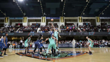WHITE PLAINS, NY - MAY 25: Tip off between Sylvia Fowles #34 of the Minnesota Lynx and Kiah Stokes #41 of the New York Liberty on May 25, 2018 at Westchester County Center in White Plains, New York. NOTE TO USER: User expressly acknowledges and agrees that, by downloading and or using this photograph, User is consenting to the terms and conditions of the Getty Images License Agreement. Mandatory Copyright Notice: Copyright 2018 NBAE (Photo by Steve Freeman/NBAE via Getty Images)