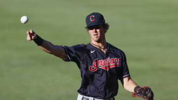 CLEVELAND, OH - JULY 13: Nolan Jones #95 of the Cleveland Indians warms up before an intrasquad game during summer workouts at Progressive Field on July 13, 2020 in Cleveland, Ohio. (Photo by Ron Schwane/Getty Images)